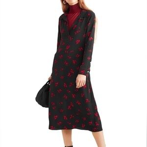 By Malene Birger NEW Botall Printed Crepe Long Sleeve Midi Dress Black 36, XS/0